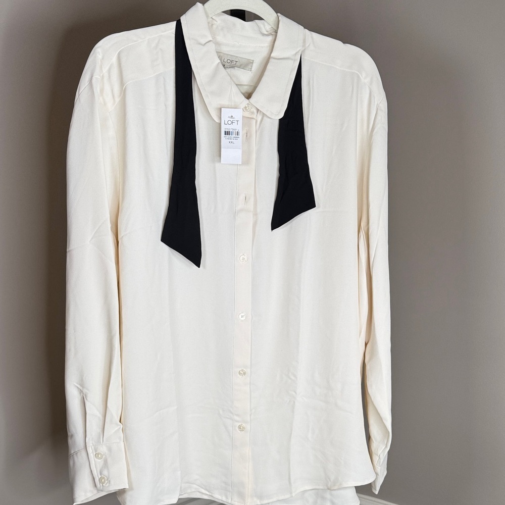 LOFT Ivory Blouse with Black Neck Tie Size XXL